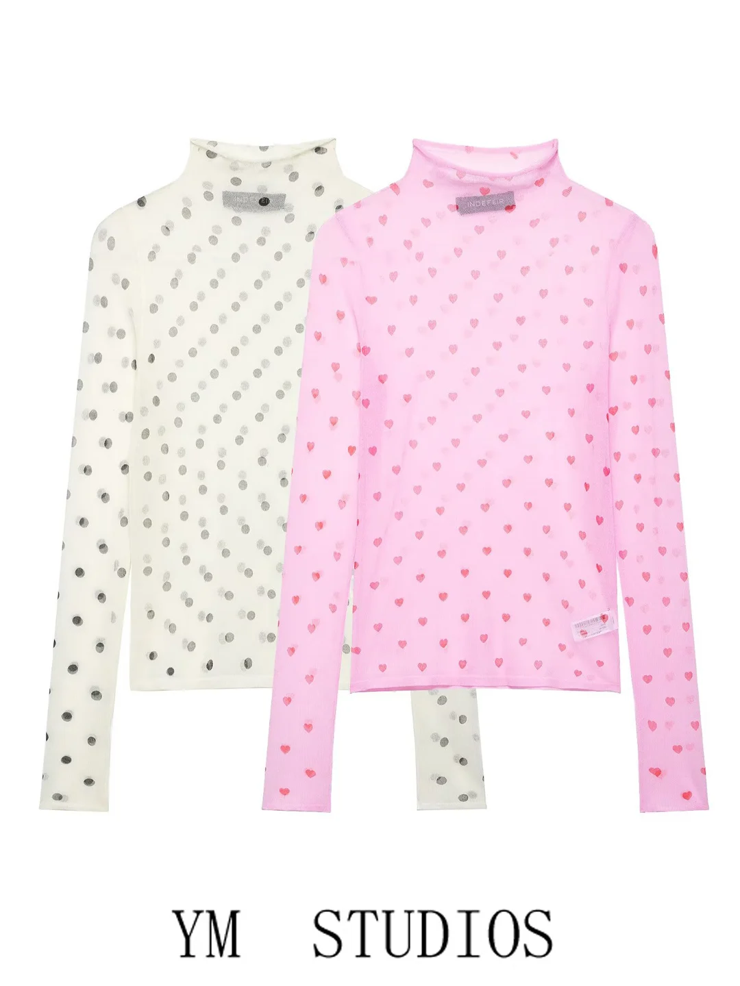 

Women's High Neck Thin Knitted Slim Fit Top Heart Pattern See through Light Base Shirt Spring Fashion French Style Polyester ...