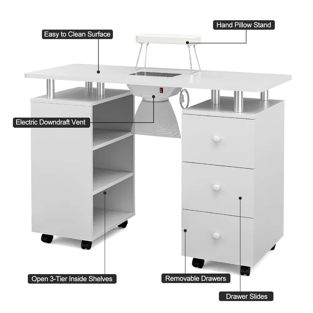 Table de manucure pliable avec bras à ongles électrique, bureau de beauté, station pour module d'ongle, évent descendant