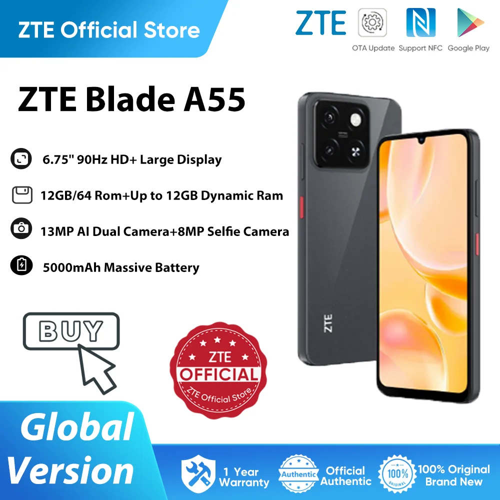 NEW ZTE Blade A55 Global Version 6.75“ ”TFT 90Hz Display Unisoc SC9863A 13MP Al Dual Camera 5000mAh Massive Battery 10W Charger