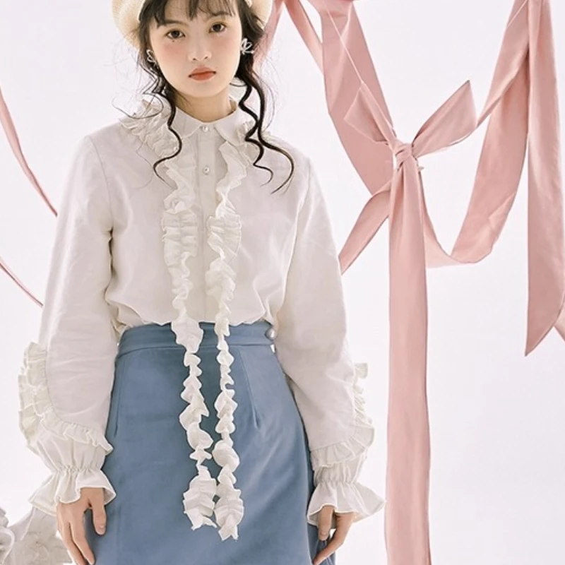 Lolita Corduroy Vintage Cute White Ruffles Cotton Long Sleeve Shirt Removable Lace Turn-down Collar Versatile Age Reducing Top