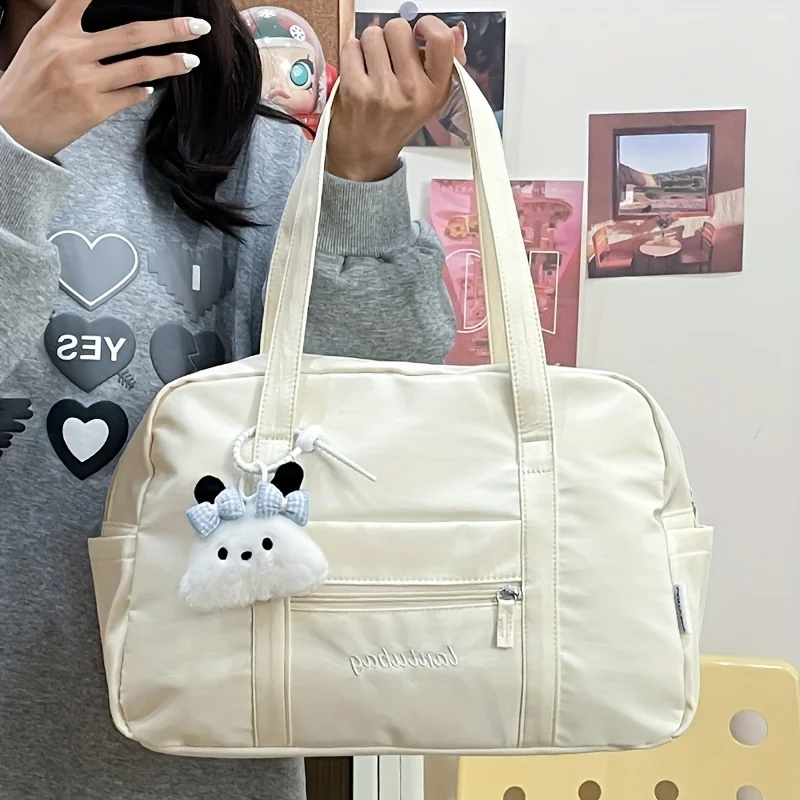 Modische Tragetasche mit niedlichem Schulter-Plüsch-Charm, mehrere seitliche Taschen, Vordertasche mit Reißverschluss, große Kapazität, Handtasche, Reisetasche für Damen – Detail 10