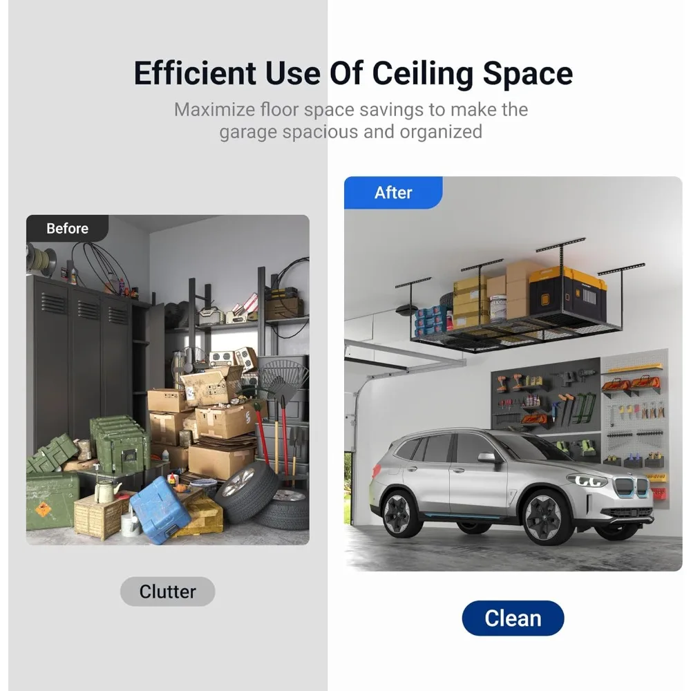 رف تخزين جراج علوي 4 × 8، نظام تنظيم قابل للتعديل، رفوف سقف معدنية شديدة التحمل، سعة وزن 750 رطل
