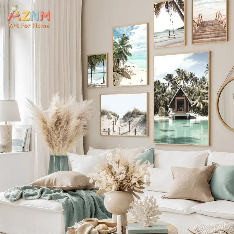 AZNM Tropical Beach Canvas Print Palm Tree Ocean Wave Wooden Walkway Hammock Coastal Nature Scenery Minimalist Wall Poster Unfra