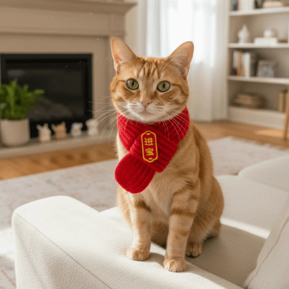 2026 New Year Warm Cat Knitted Scarf Red Color Cute Pet Neck Scarf Blessing New Year Dog Scarf Pet Show