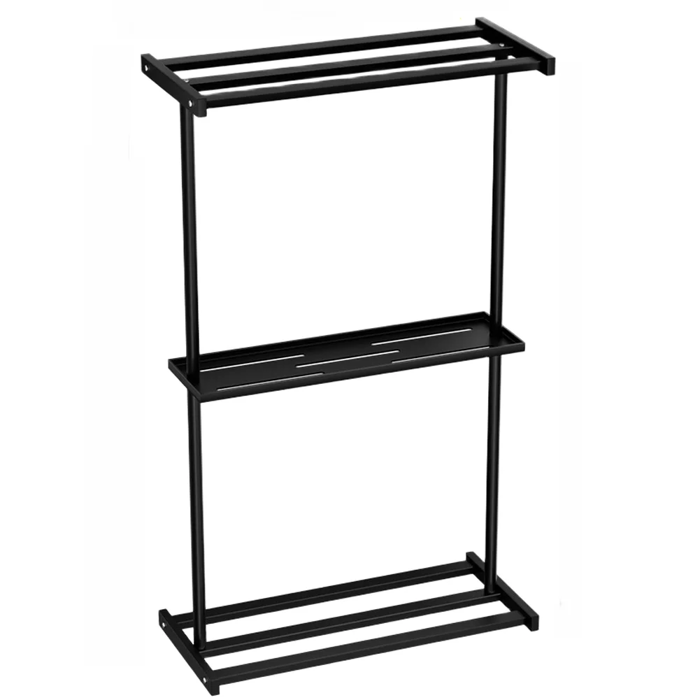 Minimalist Black Floor Towel Rack with Upper and Lower Shelves Carbon Steel Construction for Small Bathrooms 40.5 cm