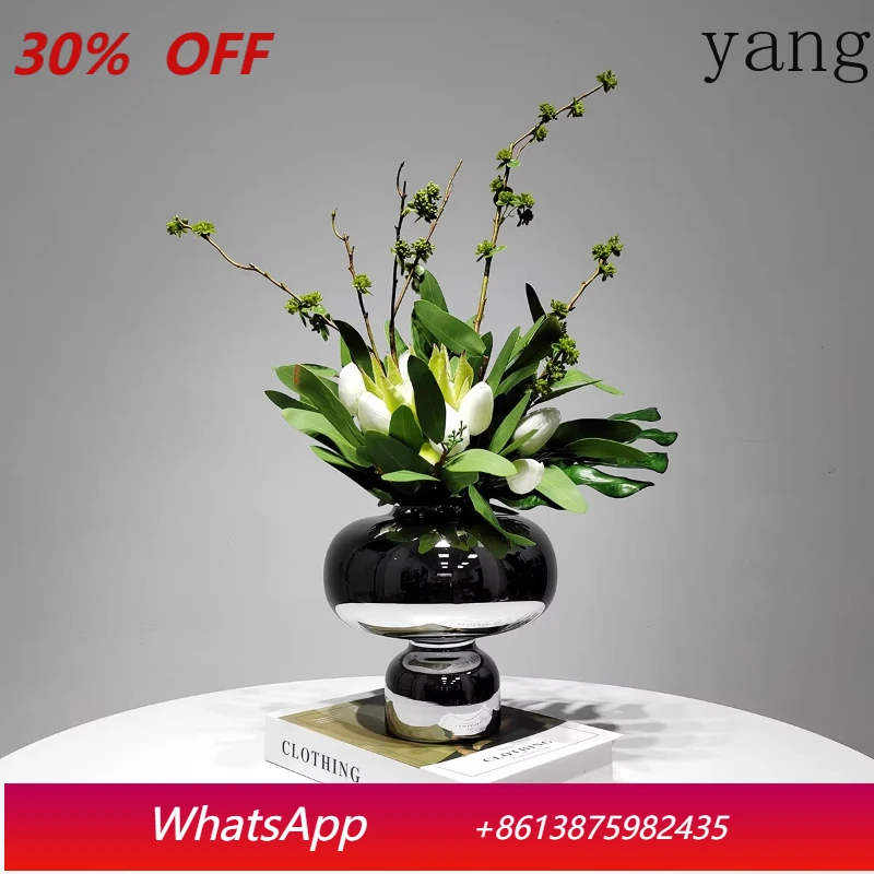 

LTT Modern Light Luxury Silver Glass Vase Green Plant Simulation Flower Art Ornament