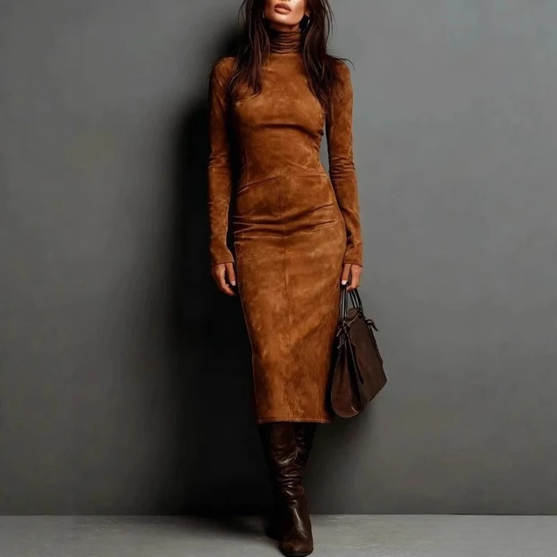 

High Neck Long Dress for Women Solid Long Sleeves Slim Fit Maxi Dress Temperament Elegant Europe Americ Bodycon Hip Dresses