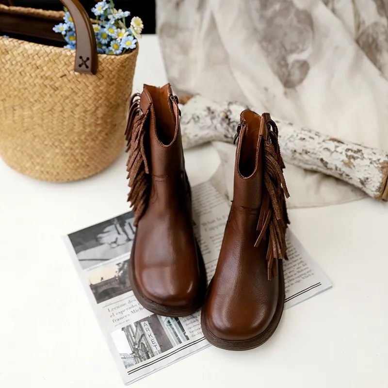 Birkuir ريترو النساء حذاء من الجلد البريدي أحذية بوت قصيرة 3 سنتيمتر كعب سميك شرابة أحذية منصة جلد طبيعي تصميم معدني أحذية كاجوال #4