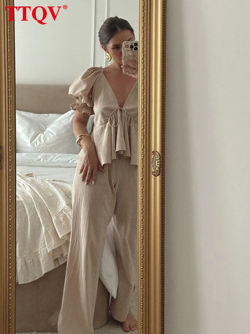 

TTQV Summer Loose Khaki Cotton Trousers Set 2 Piece Woman 2026 Sexy Short Sleeve Shirt With High Waist Wide Pants Set Female