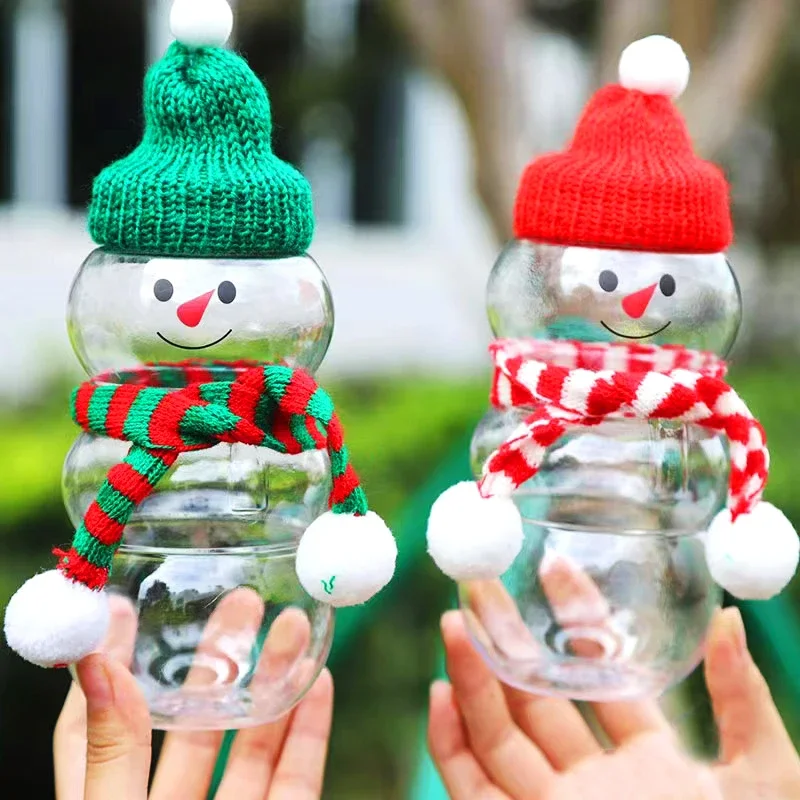 Christmas Snowman Shape Milk Bottles Clear Plastic Candy Biscuits Food Storage Container Juice Tea Jar Gift Box Xmas Party Favor