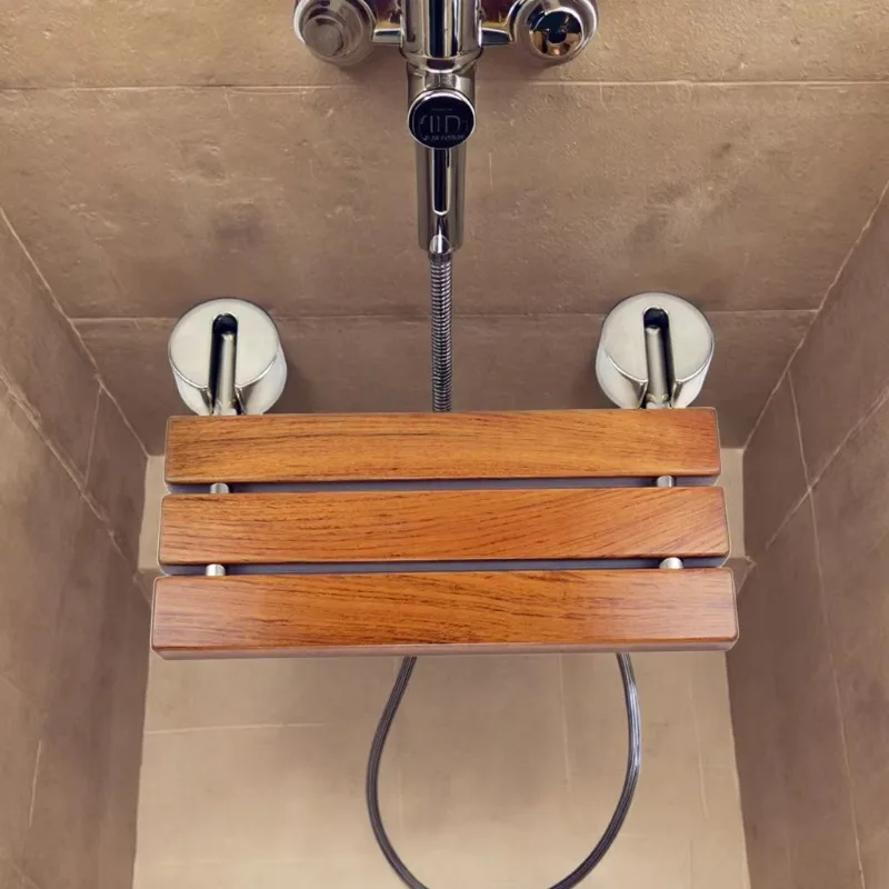Modern design wall-mounted folding shower chair seats made of wood and stainless steel