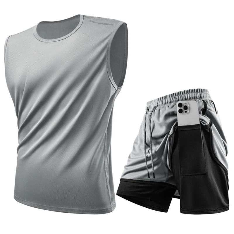 Conjuntos de regata refletivos para treino esportivo, ciclismo, corrida, ginástica, conjunto de roupa esportiva masculina de secagem rápida, conjunto 