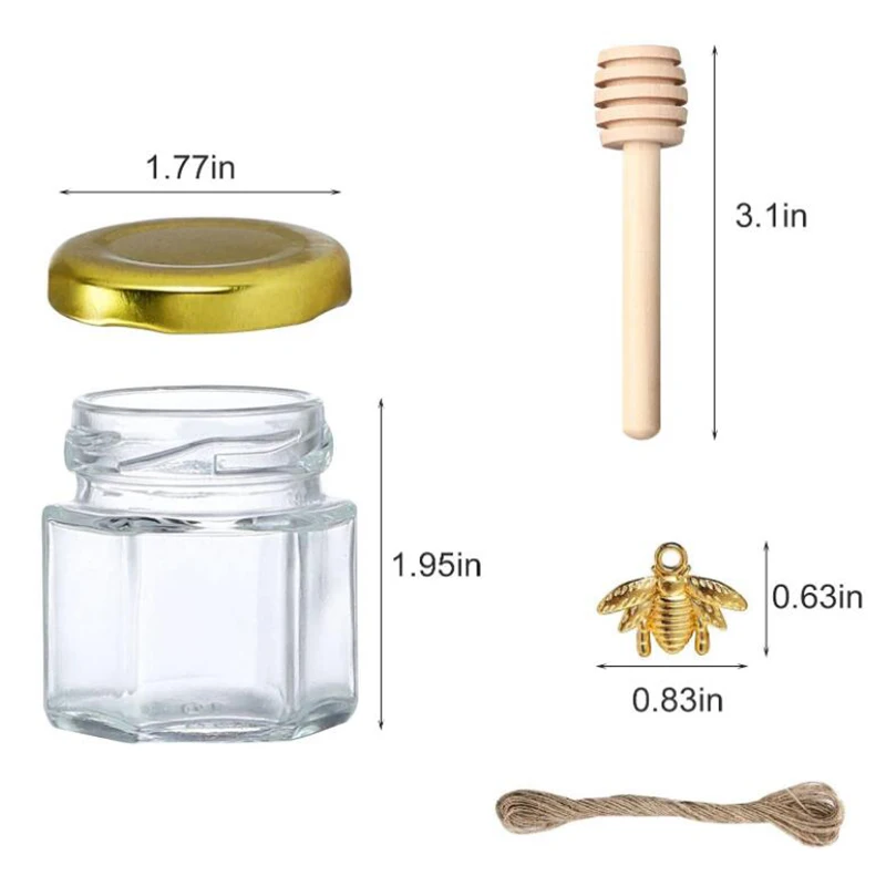 1.5oz Hexagon Mini Glass Jar with Wood Dipper Gold Lid Bee Pendant Jute Rope Small Containers Bottles for Jam Candies Honey Bab