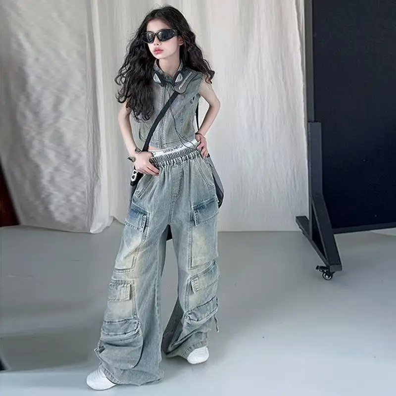 High Quality Child Jeans Suits 2 Piece Set for Girl Casual Spring Autumn Clothing Set Cargo Jeans + Denim Tops Outfit Streetwear