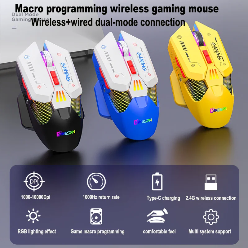 

Macro Programming Wireless Gaming Mouse Rechargeable RGB Backlight Wireless+Wired Dual-Mode Esports Wireless Mouse 6-Speed DPI