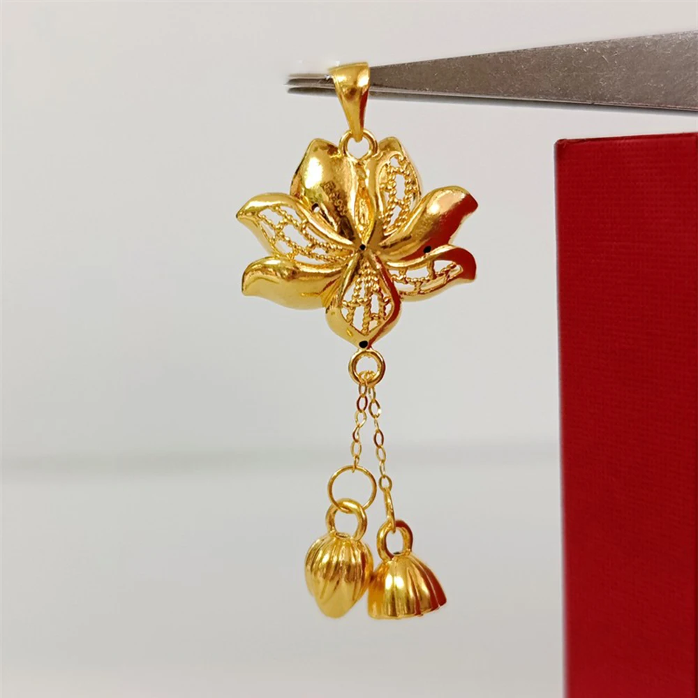 One Piece Real 999 24K Yellow Gold Women's Pendant 3D Lotus Flower Tassels Charm 1.5-1.6g