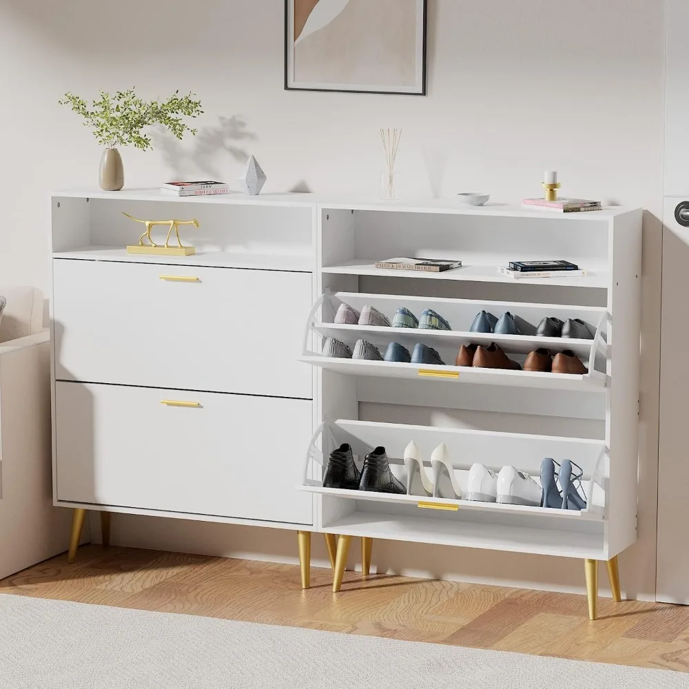 

Shoe Cabinet for Entryway, White Narrow Shoe Storage Cabinet with 2 Flip Drawers, Freestanding Hidden Shoe Rack Storage