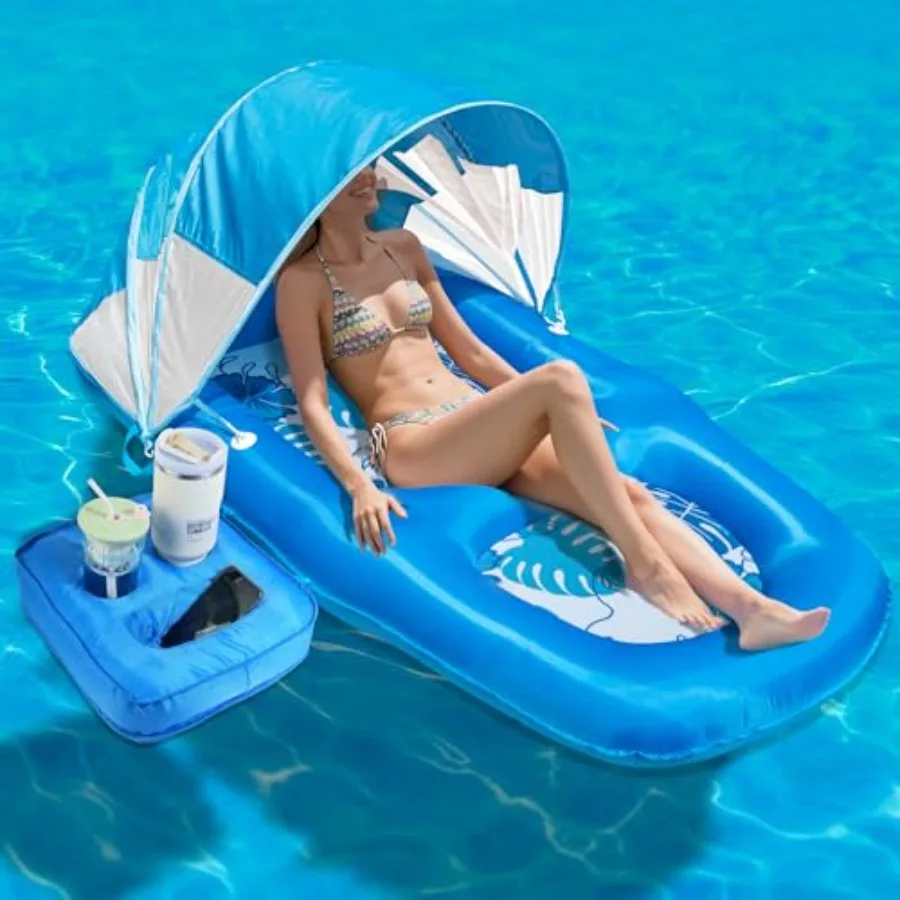 

Fabric Covered Inflatable Pool Lounger Float Adult 70"x39" Extra Large Pool Float w/ UPF50+ Sunshade Canopy and Cupholder Caddy