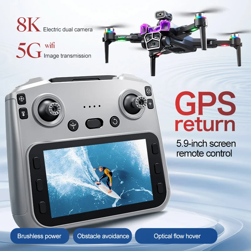 A19 PRO GPS Drone with 8K Camera 5.9'' Screen Remote, 360° Obstacle Avoidance, Brushless Motor RC Quadcopter