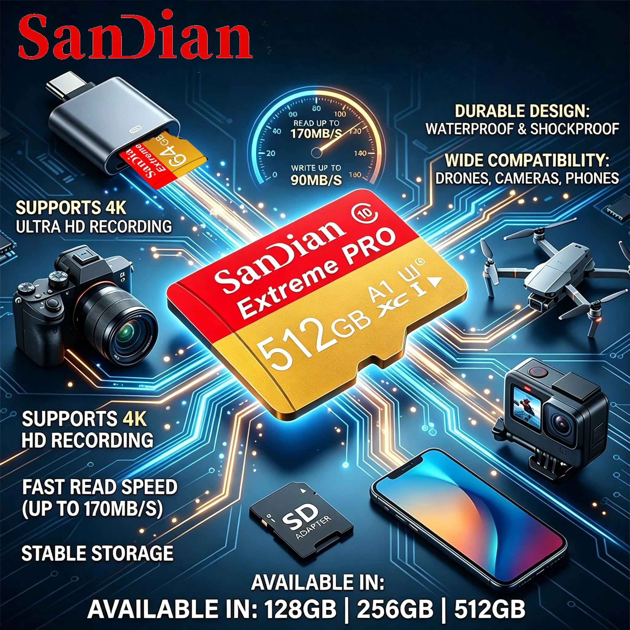Versatile SD Cards 64GB 32GB TF Cards 512GB Memory Card 128GB Micro TF SD Card U1 for Smart TV/Mobile/MP3 Player/MP4 Player