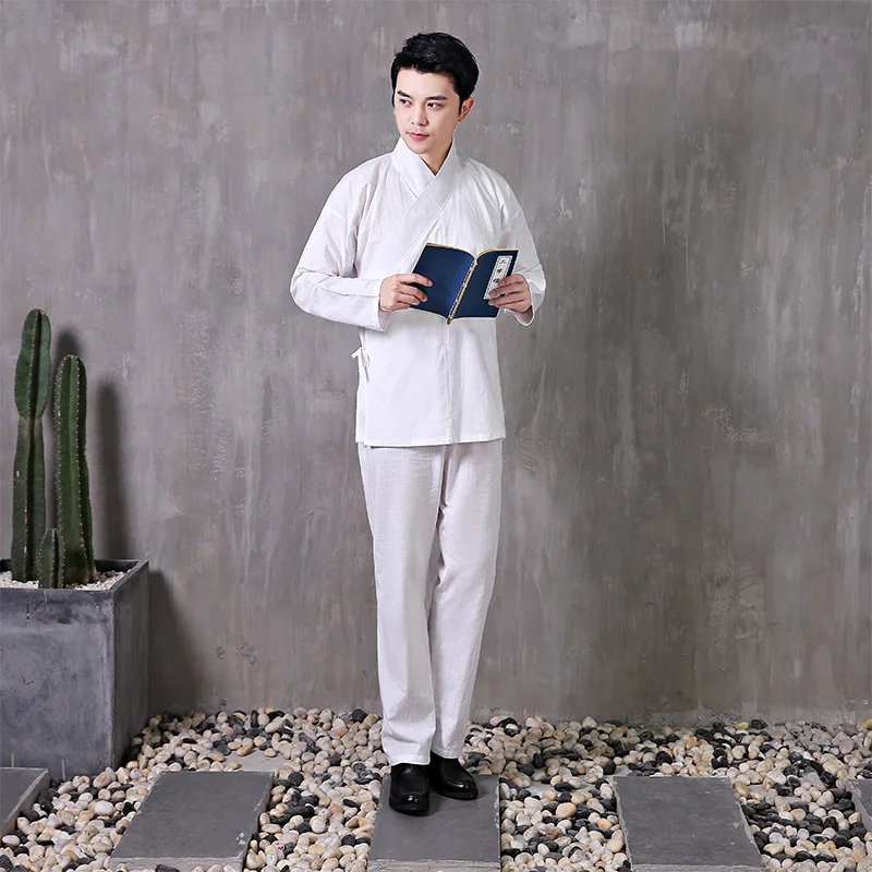 Men Autumn New Cotton Chinese Style Hanfu Two Piece Suit Male Solid Soft Comfortable Traditional Ancient Clothes Costume Sets