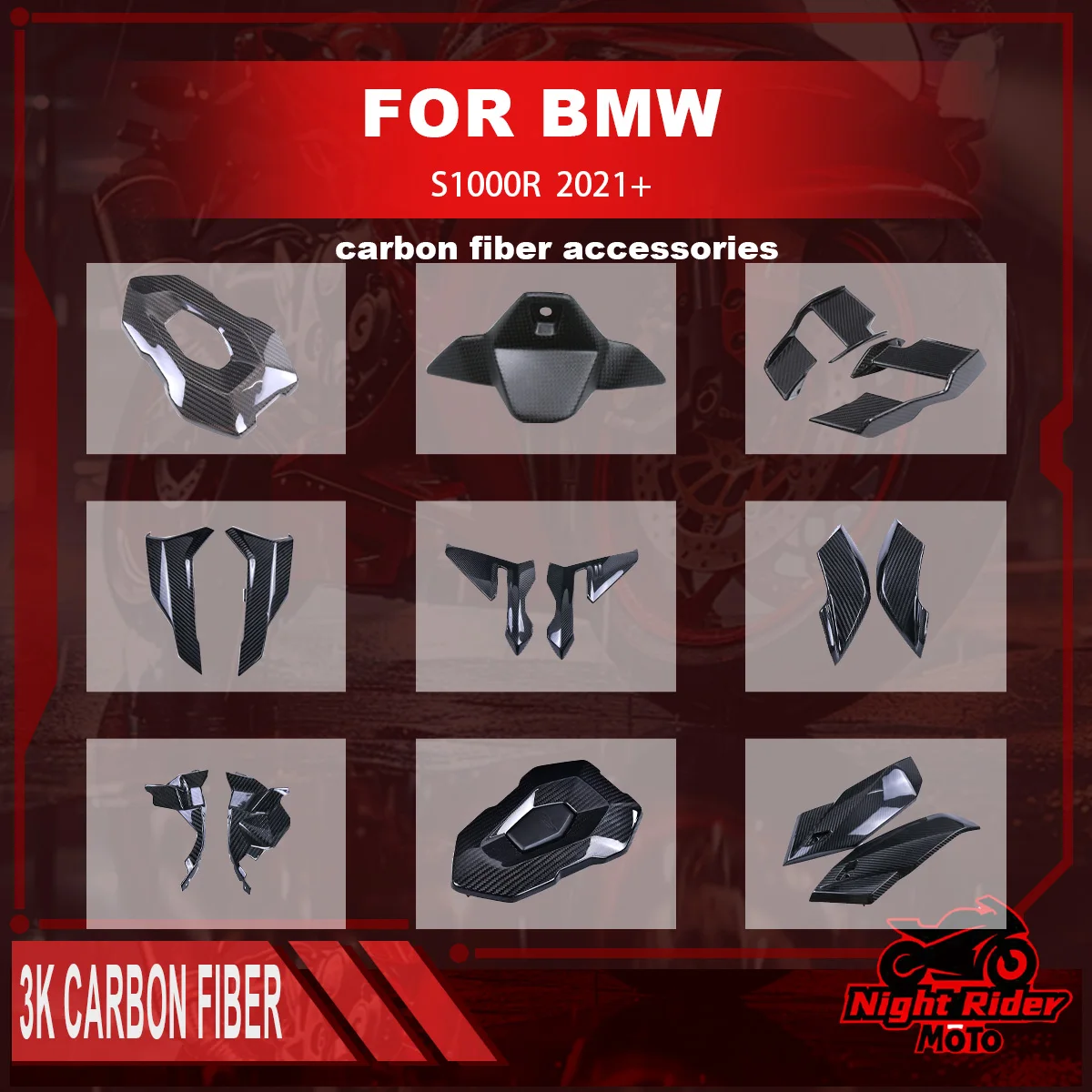 

Для BMW S1000R 2021 + детали из 100% углеродного волокна для мотоцикла, обтекатель, панели крыльев, полный комплект обтекателей, аксессуары для мотоциклов