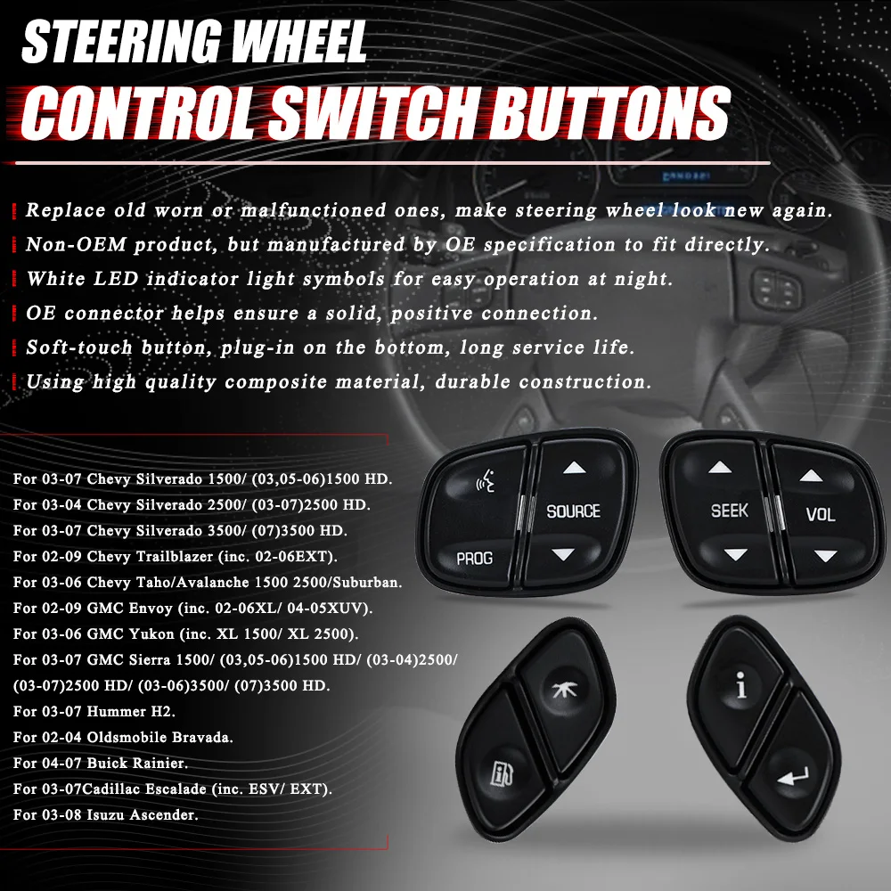 For Chevy Silverado Steering Wheel Regulator Buttons for GMC Yukon Hummer H2 Avalanche seek Volume Radio Volume Control Switch