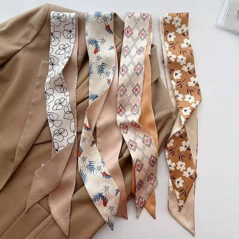 

RUNMEI Высококачественный женский длинный шелковый шарф с цветочным принтом для повязки для волос, сумка с ручкой, лента для волос, длинный кавайный бант, винтажная атласная лента