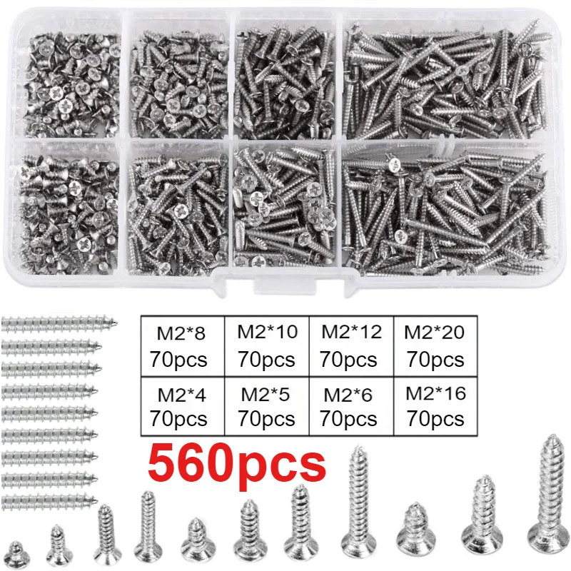 560PCS M2 Carbon Steel Phillips Countersunk Self-Tapping Screws - 8 Types of Screws in Box, Black KA Set Wood Screw Laptop Screw