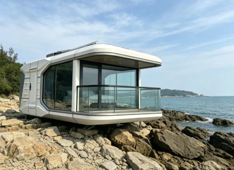 Modular Prefab Space Capsule Cabin With Functional Smart Bathroom And Secure Smart Door Lock For Resort Glamping Business