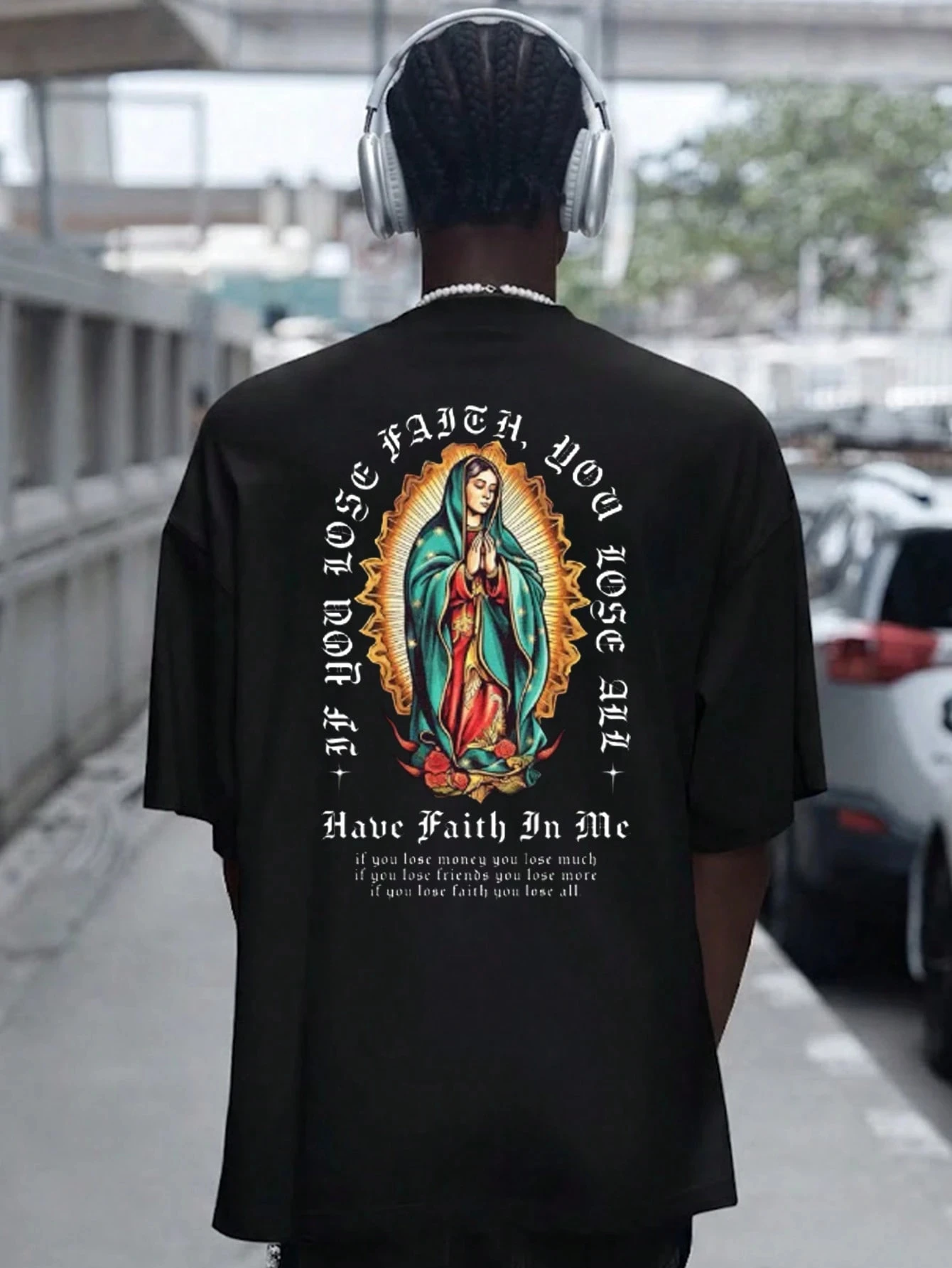 2026 New Family Matching T‑Shirt Gothic Virgin Figure Faith Inspirational Text Back Print Oversized Cotton Short Sleeve Tops