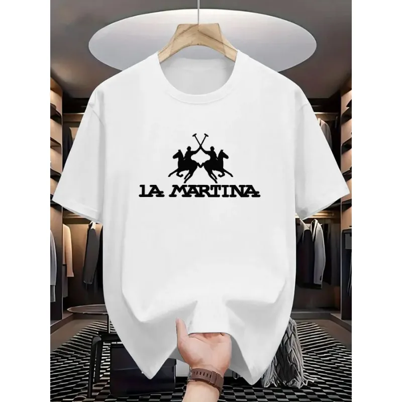 

Men's La Martina Inspired T-Shirt Elegant Gray with Black Print Casual Short Sleeve Lightweight=Blend Perfect for Summer Fashion