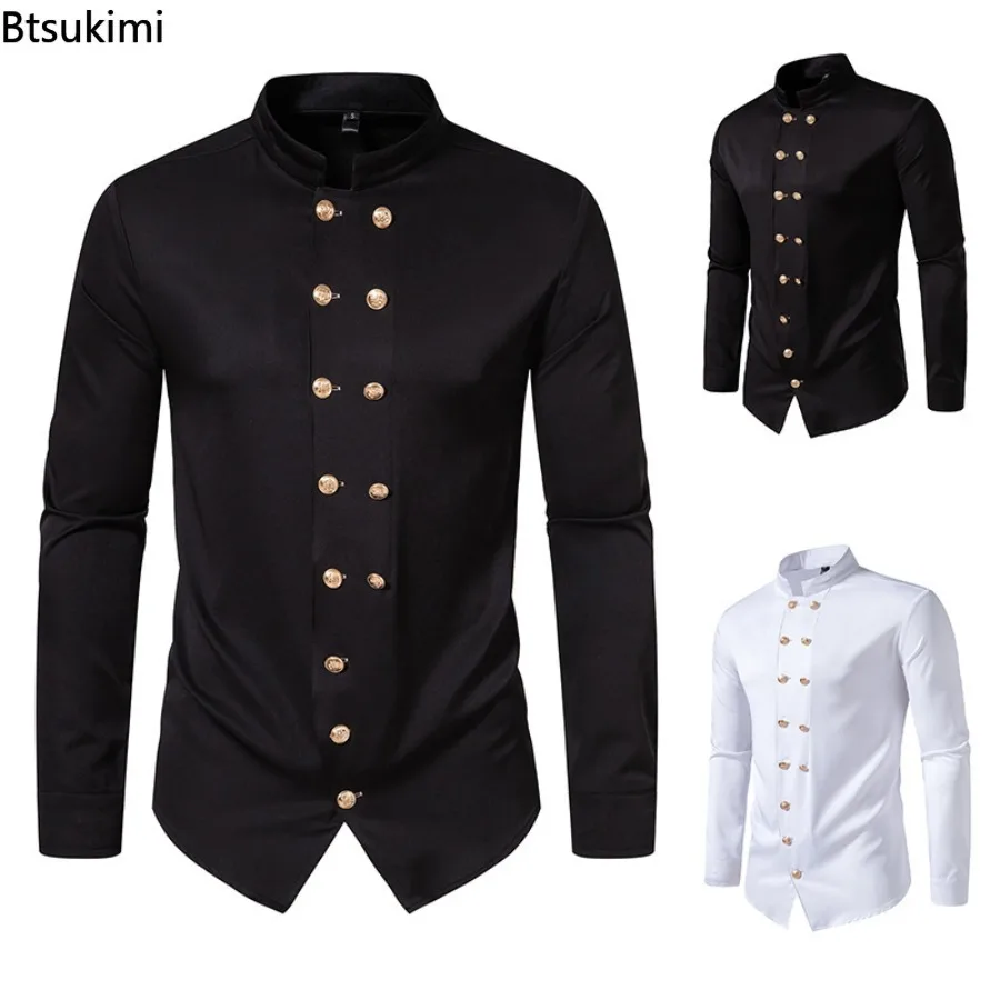 

2024 New Men's Long Sleeve Shirts Retro Double Breasted Casual Tops Men Stand Collar Henry Shirts Male Clothing Chemise Homme