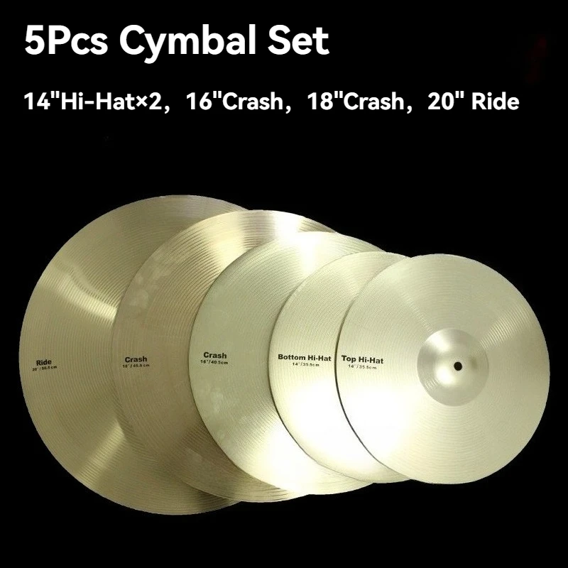 

5Pcs Drum Cymbal Set 14/16/18/20" Brass Alloy Crash Ride Hi Hat Cymbals Kit for Drum Set Percussion Instrument Replacement Parts