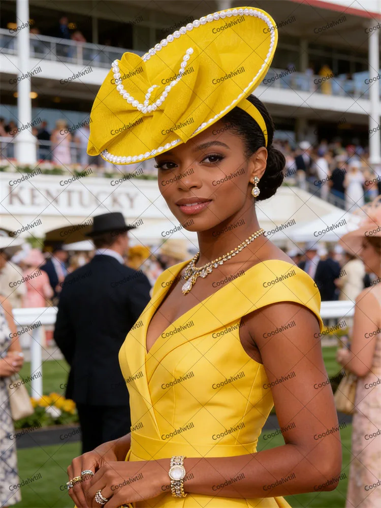 

Yellow Bow Fascinator Hat Royal Ascot New Ladies Women Cocktail Banquet Headpiece With Bow Church Race Chapeau Cap Kentucky Derb