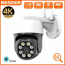 Besder 8mp 4k 5mp mini câmera ip ptz wifi 5x zoom digital rastreamento automático sem fio ao ar livre de segurança cctv câmera de vigilância de vídeo H.265 Áudio bidirecional AI Humano Detectar Cor Visão Noturna IR