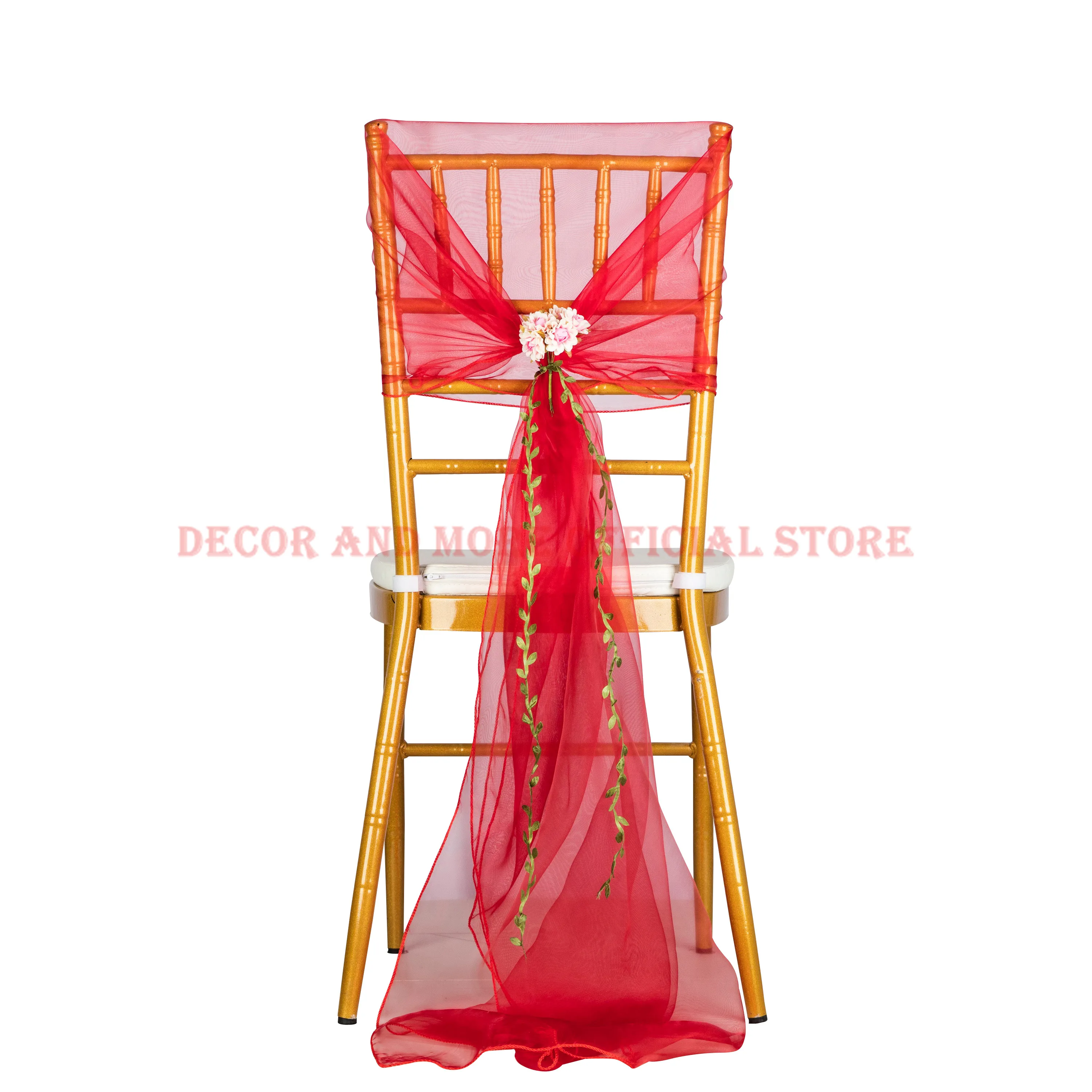 50PCS Red Organza Chair Cap Outdoor Wedding Hotel Banquet Chair Sashes With Flower Decor Chair Hood For Chiavari Chair Wholesale