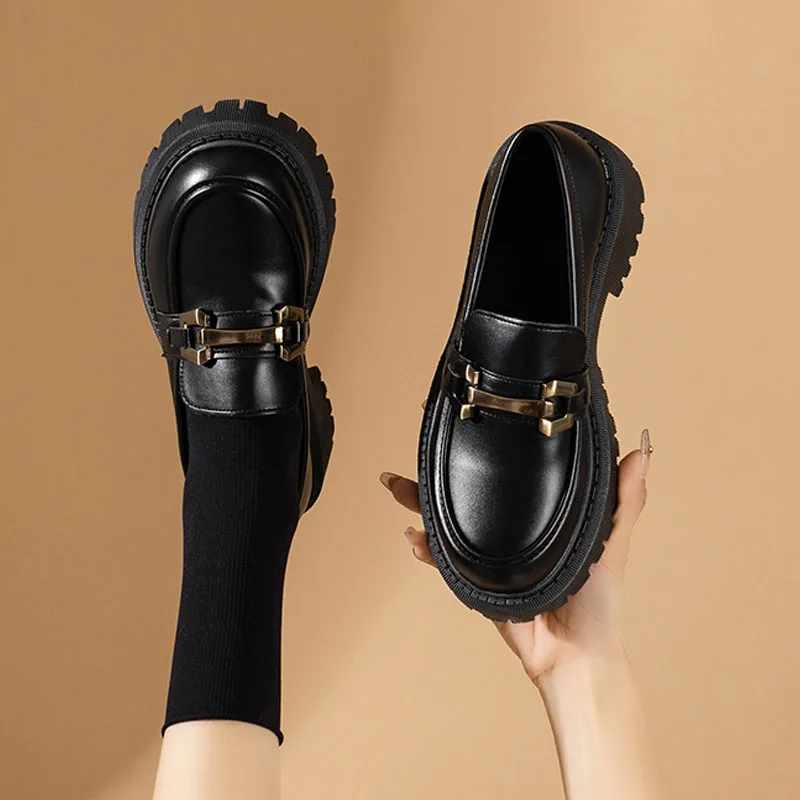 المرأة منصة حذاء بكعب سميك البريطانية المعادن أبازيم Preppy المتسكعون جلد أسود الانزلاق على الكعوب موضة سميكة سوليد حذاء كاجوال #3