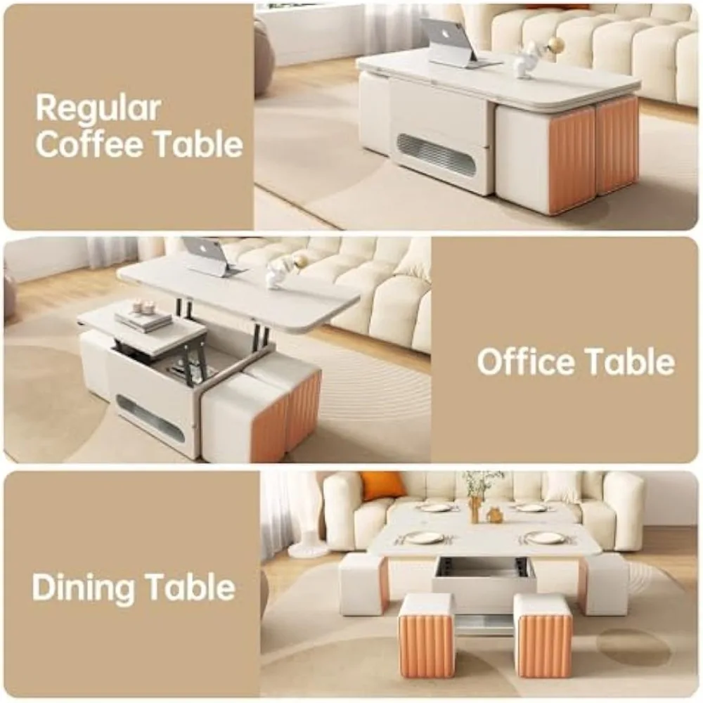 Conjunto de mesa de centro elevatória com 4 bancos PU, mesa central multifuncional 3 em 1, mesa de centro moderna com armazenamento oculto