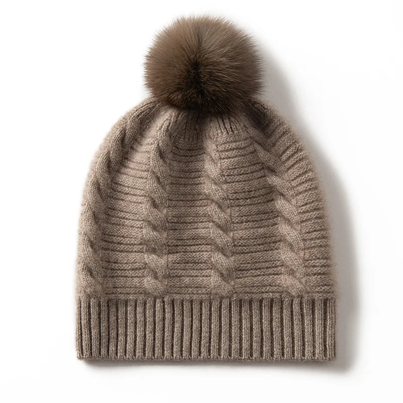 Autumn Winter New Fleece-Lined Hat for Women, 100% Cashmere Knitted Thickened Warm Ear Protection Hat with Pom-Pom for Cycling