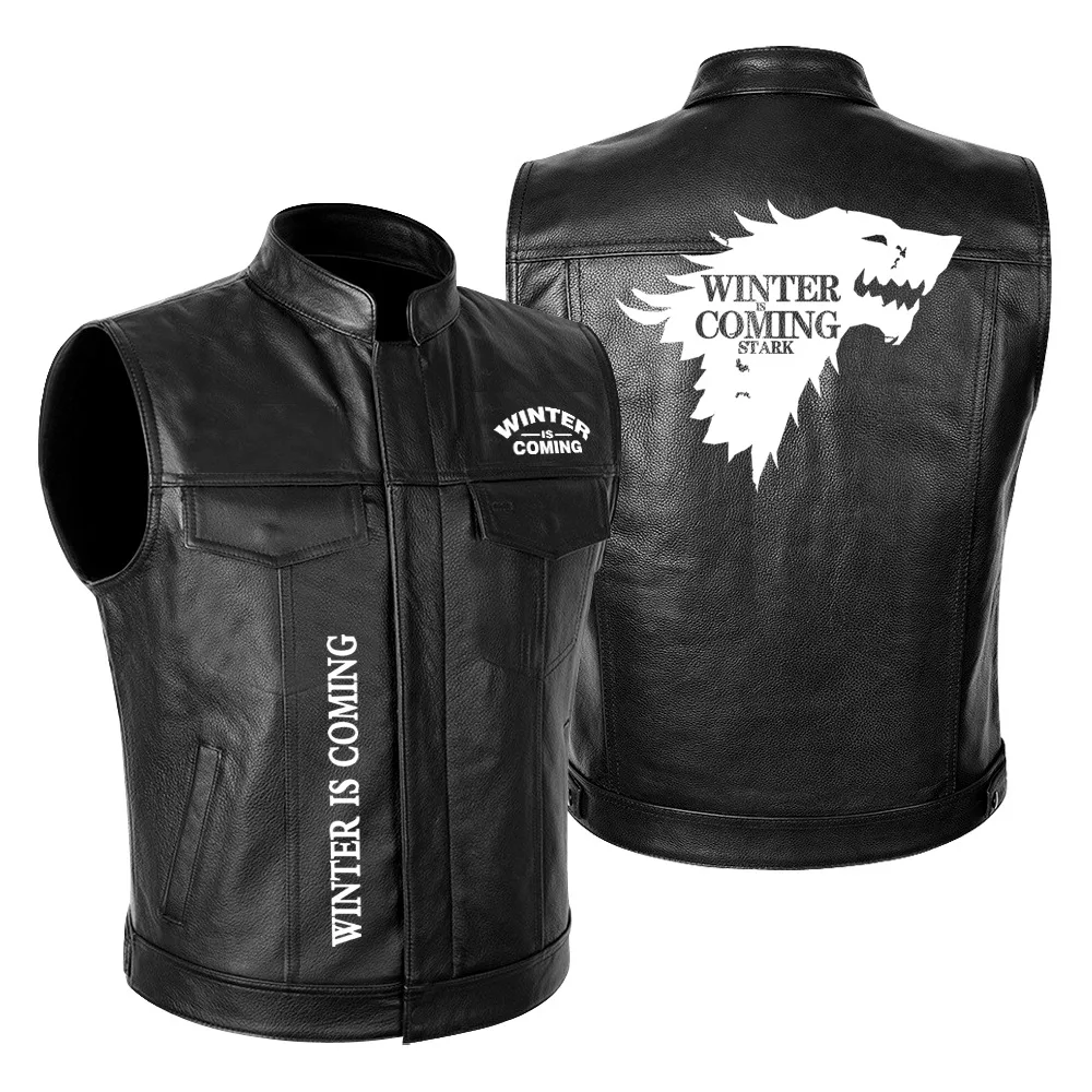 Black Men Motorcycle Rider Vest  Fashion Printed Wolf Warrior Autumn Winter Motorbike Male Leather Waistcoats Trendy