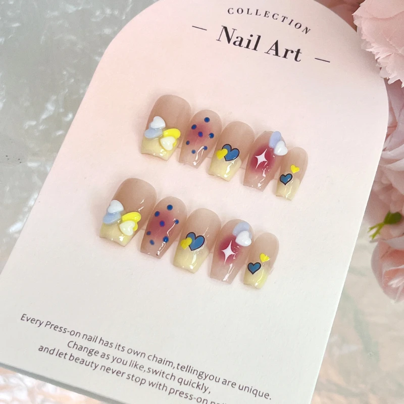 10Pcs Handmade French Almond press on nails color contrast love graffiti fresh fake nails Design with Adhesive Nail File Set