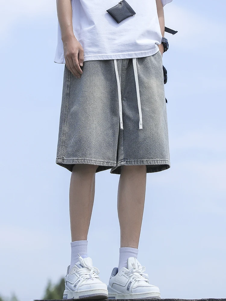 

Летние тонкие джинсовые шорты с звездным узором, мужские свободные ретро-брюки, модные летние повседневные бриджи средней длины