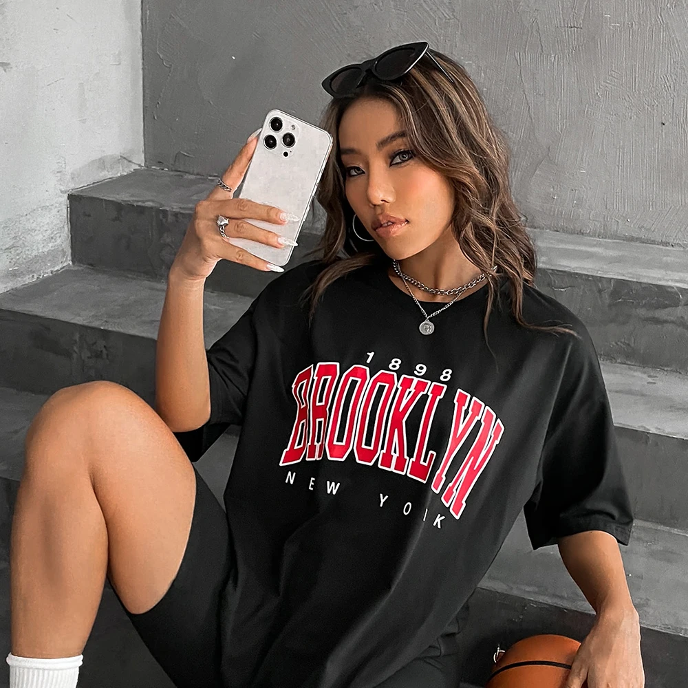 Cheap Women Clothing and Free Shipping Y2k Vintage 90s 80s Tees Brooklyn Print T-Shirt Ladies Top White Black Hip Hop Streetwear