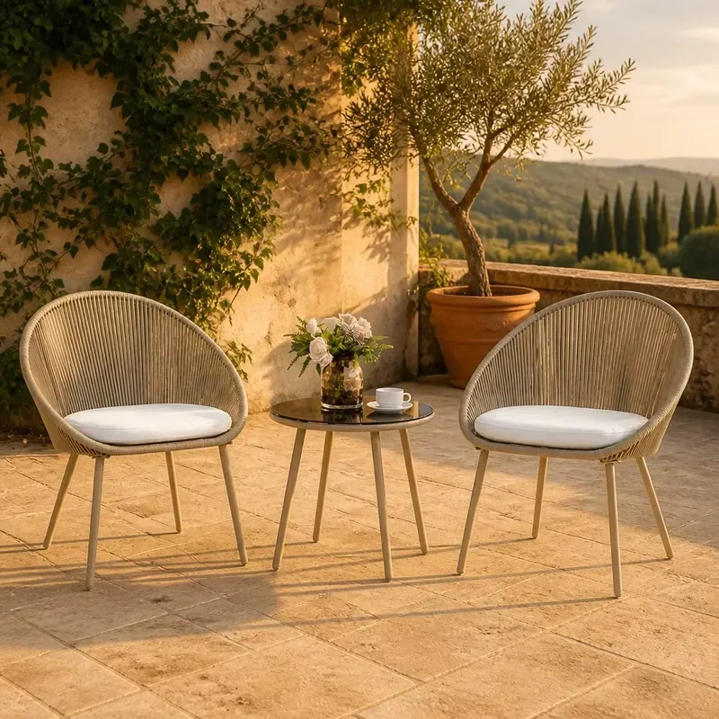 for Khaki Beige Rope Woven Patio Chair Set 2 Egg Shaped Chairs with Tapered Metal Legs and White Cushions Poolside Table