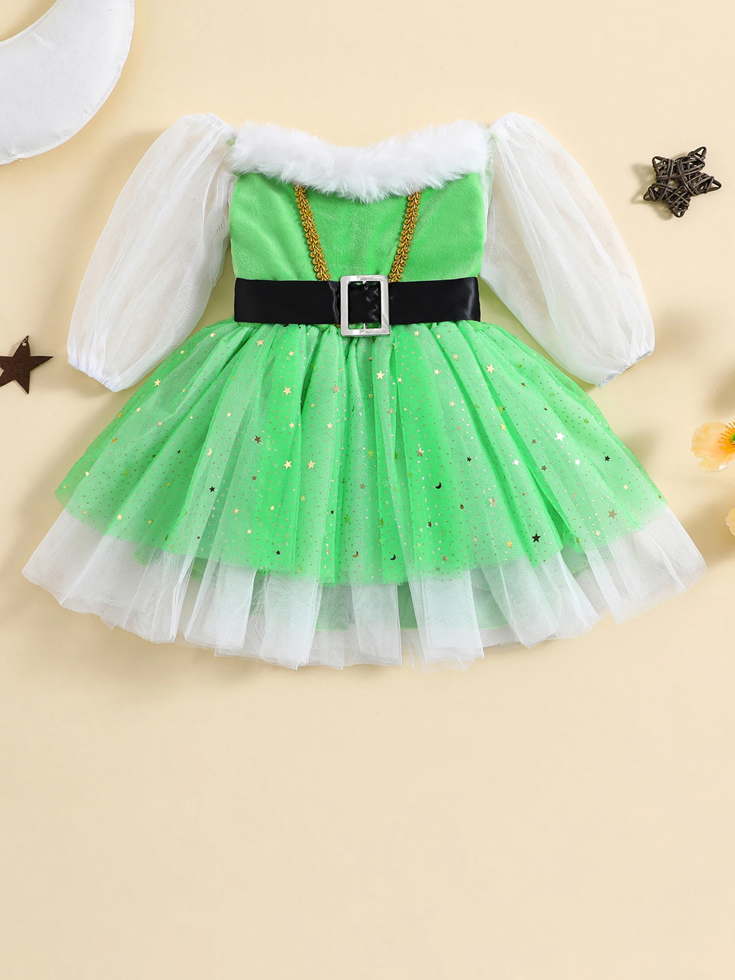 Baby Girl Holiday Sparkle Tutu Dress Glitter Star Sequin Off Shoulder Mesh Sheer Long Sleeve A-Line Party Dress