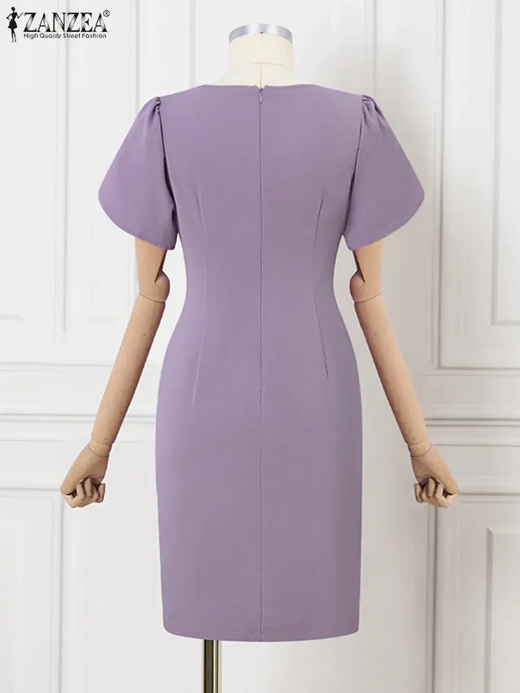 ZANZEA 2024 Summer Sexy Waist V-neck Robe Elegant Party Midi Dress Women Petal Short Sleeve Evening Dress Vintage Wrap Vestidos