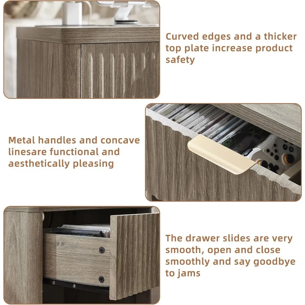 منضدة LEYAOYAO المخددة مع قاعدة شحن، طاولة نهاية 23 درجًا واسعةًا، حامل ليلي رمادي مع خزانة تخزين مفتوحة، Farmho