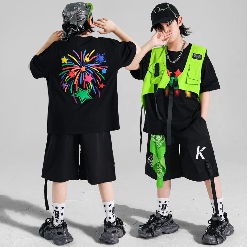 Cool Jazzdansoutfit Jongen Zwart Oversize T-shirt Zwarte Shorts Hiphop Straatdanser Prestatiekleding Mode Streetwear 1898