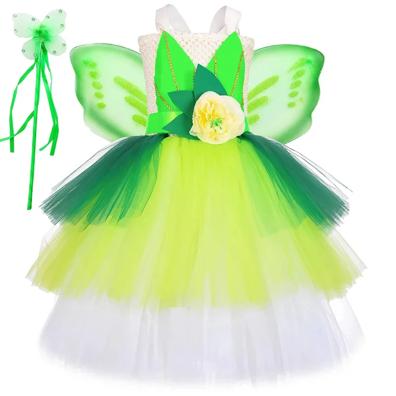 

✿2026✿Frog Princess Tiana Dresses for Girls Lotus Fairy Costumes for Kids Halloween Christmas Outfit 3 Layered Fluffy Ballet Tu✿